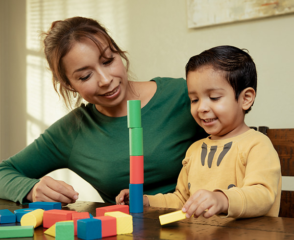 Mother playing with building blocks with child